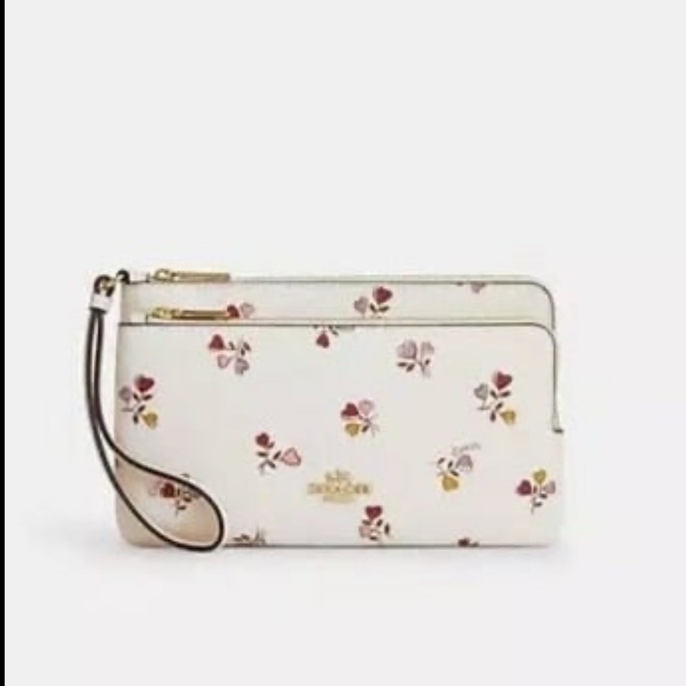 Coach Double Zip Wallet With Heart Print Chalk
